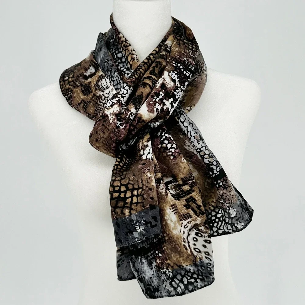 Cynthia Rowley 100% Silk Scarf Brown Grey Animal Snakeskin Leopard Print 65 x 14